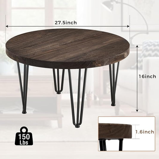 FLYJOE Rustic Wood Round Coffee Table with Metal Legs, Solid Elm Wood Top and Non-Slip Feet Pads - Farmhouse Style for Living Room, Walnut
