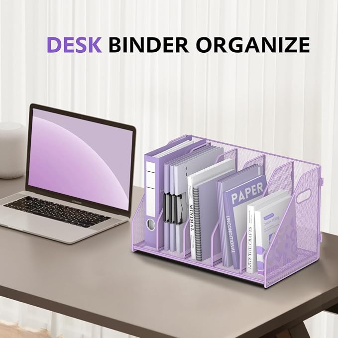 SUPEASY Binder Organizer, Magazine File Holder with 5 Vertical Compartments Rack, Metal Desk File Organizer & Binder Holders, Magazine Organizers for Office Desktop, Home, School, Classroom (Purple)