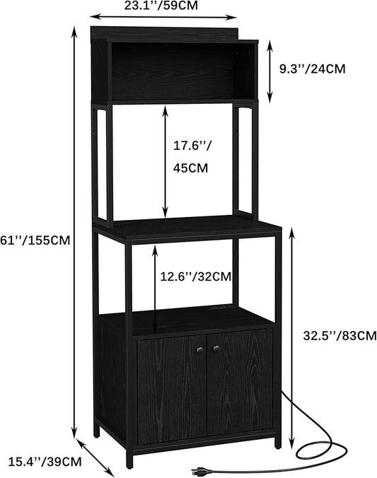 Furniouse 5-Tier Kitchen Bakers Rack with Power Outlet, Industrial Microwave Oven Stand with Storage, Kitchen Storage Shelf with Cabinet, Coffee cart, Standing Kitchen Storage Rack (Black)