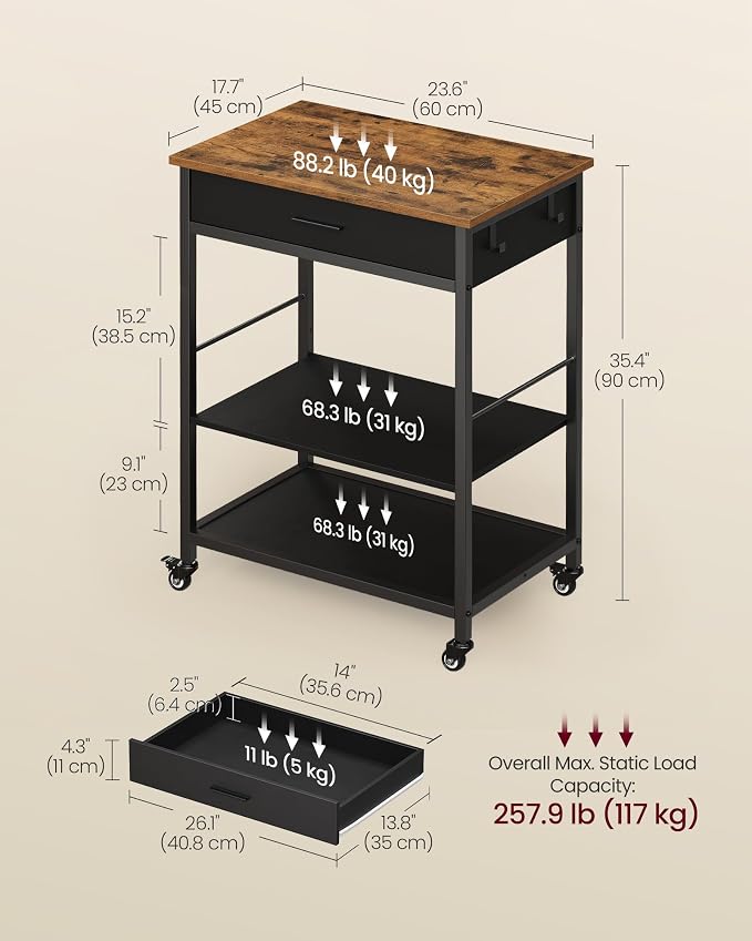 VASAGLE Kitchen Rolling Island, Mobile Kitchen Cart with Storage on Wheels, 17.7 x 23.6 x 35.4 Inches, Drawer, 2 Hooks, for Dining Room, Rustic Brown and Ink Black UKKI007KD01