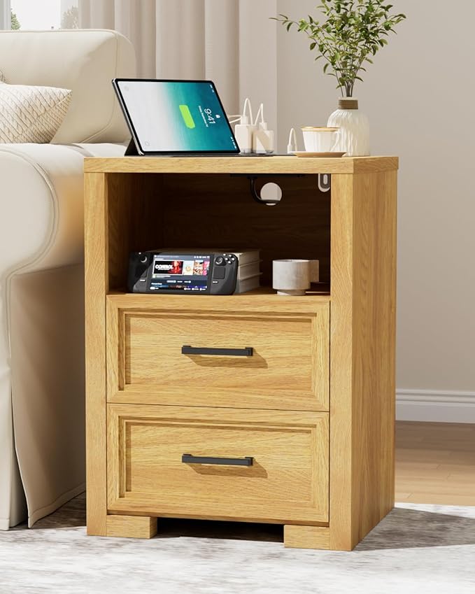 Nightstand Set of 2, Night Stand with Charging Station, End Table with 2 Drawers, Wood Rustic Side Table with Open Storage Shelf, for Bedroom, Living Room, Natural Oak