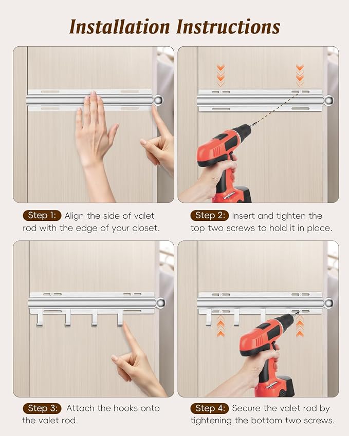 Supforce Valet Rod for Closets, 12" Valet Rod With 4 Hooks, Closet Organizer Slide Out Clothing Hanger Rods Extender Perfect for Suits,Dresses,Belt,Tie, Black