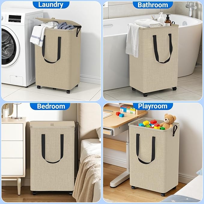 Laundry Basket with 5 Wheels, Tall Dirty Laundry Hamper, Rolling Laundry Basket with Lid, Large 100L Collapsible Clothes Hamper for Laundry Room Bedroom Bathroom Dorm, Khaki
