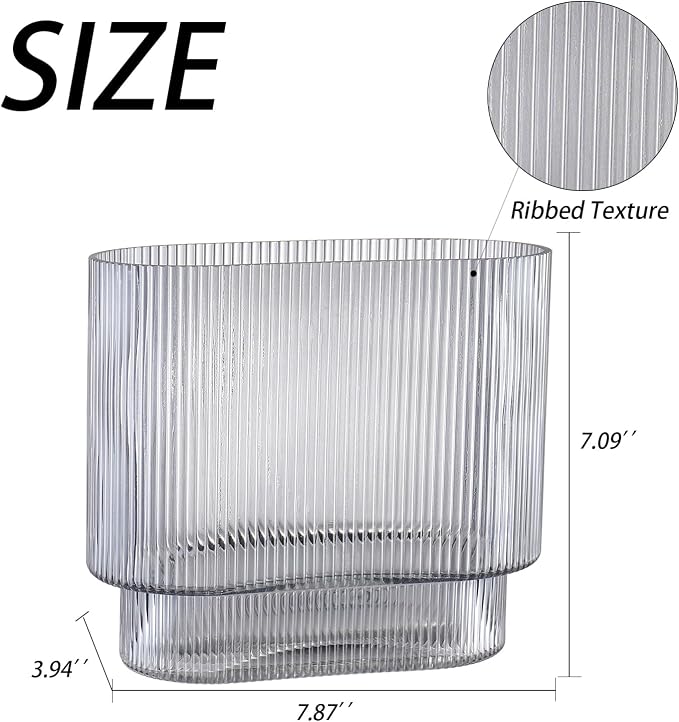 Ribbed Glass Vase, Black Glass Vase, Fluted Short Vases for Flowers, Modern Vases for Living Room, Dining Room, Bathroom, Desk, Shelf, Wedding, Office, 7 Inches
