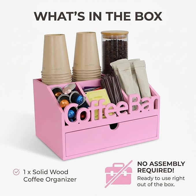 Coffee Bar Organizer for Countertop – Wooden Coffee Station, Tea and K Cup, Condiment Storage Rack, Coffee Pod Holder for Home and Office Counter Organization (Drawer - Pink)