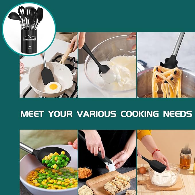 Silicone Cooking Utensil Set, Umite Chef 15pcs Silicone Cooking Kitchen Utensils Set, Non-stick - Best Kitchen Cookware with Stainless Steel Handle - Black Kitchen Utensils