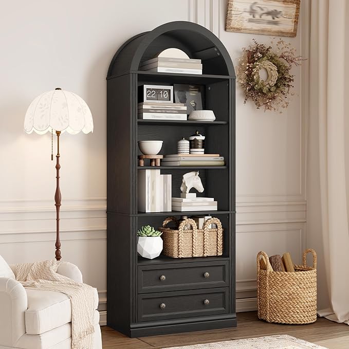 Farmhouse Arched Bookshelf Set of2, 7 Tiers Arch Bookcase with 2 Spacious Drawers, Modern Book Shelf with Open Display Shelves and Storage Cabinet, for Office, Living Room, Kitchen, Black