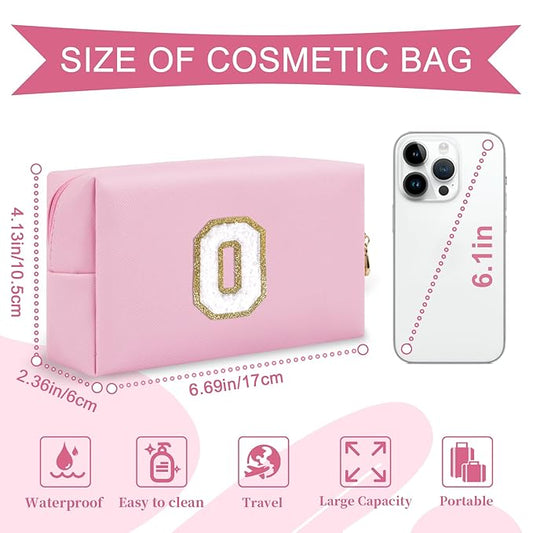 Personalized Initial A-Z Preppy Patch Makeup Bag,Small PU Chenille Letter Cosmetic Bag with Zipper for Teen Girls,Pink Cute Toiletry Organizer Bag,Monogram Makeup Case Gift for Women Girls,Letter O