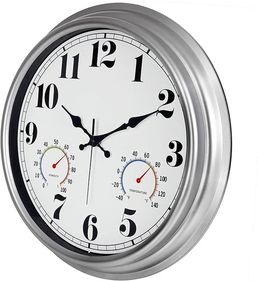 JENLYSTIME 16 Inch Silver Vintage Waterproof Indoor/Outdoor Wall Clock with Thermometer & Hygrometer, Large Numerals & Silent Sweep Movement - Ideal for Porch, Garden, Pool