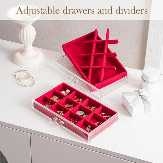 Lolalet Earring Holder Organizer Box Jewelry Storage with 4 Drawers, Clear Acrylic Stackable Earring Case with Adjustable Velvet Trays for Women on Dresser Vanity -Red, 4 Layers