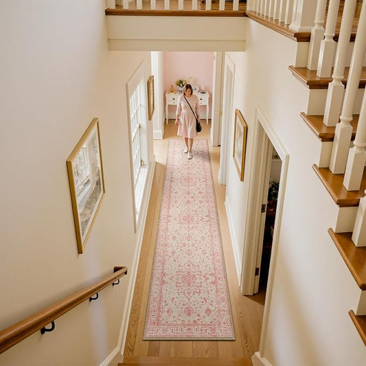 RELEANY Area Rugs Runner 2'x8' Washable Non-Slip, Floral Vintage Distress Medallion Carpet for Kitchen Hallway Bedroom Beside Laundry Room Bathroom, Pink Light Vintage Pink