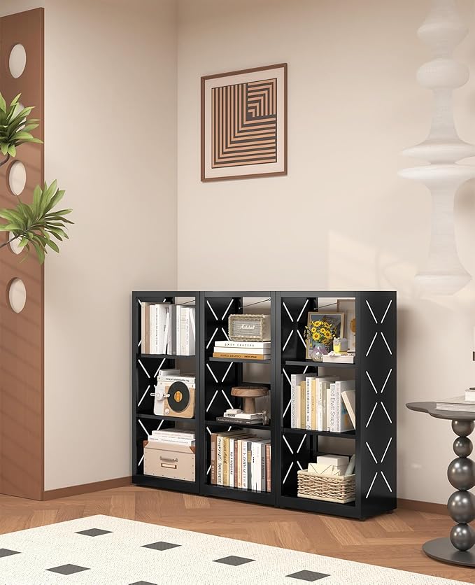 METALOONG Steel Book Shelf, 3-Tier Adjustable Bookcase with Anti-Tip Kit & Leveling Feet, Heavy-Duty Metal Storage Organizer, Modern Corner Shelves for Bedroom, Garage, Home Office