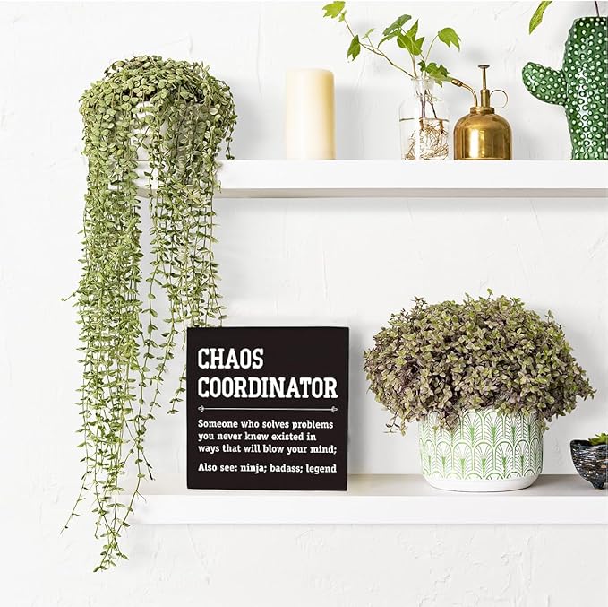 HTBIG Chaos Coordinator Thank You Gifts Office Decor Funny Motivational Desk Decor Gifts for Coworkers Boss Manager Appreciation Rustic Wooden Box Sign for Table top Office Bookshelf Black