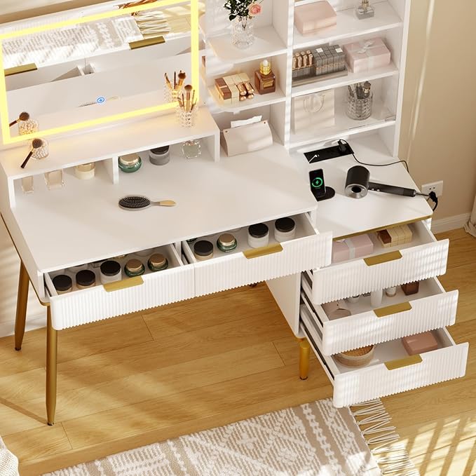 Lighted Vanity Desk with Mirror & Lights – Compact Vanity with5 Drawers , Built-in Power Strip & USB, Adjustable Shelves, Fluted Panel Design, Makeup Organizer with Storage Shelf for Bedroom,White