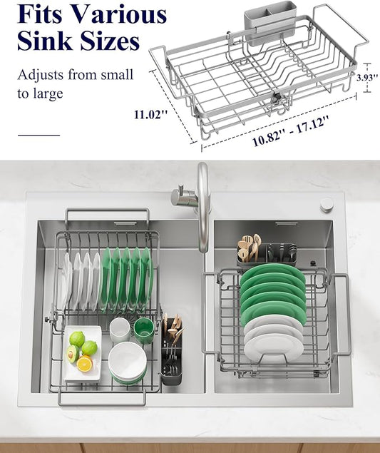 Kitsure Dish Drying Rack – Expandable in-Sink or Over-Sink Dish Rack for Kitchen Counter, Rust-Resistant Metal Dish Strainer with Cutlery Holder, 10.82"-17.12" L x 11.02" W x 3.93" H, Grey