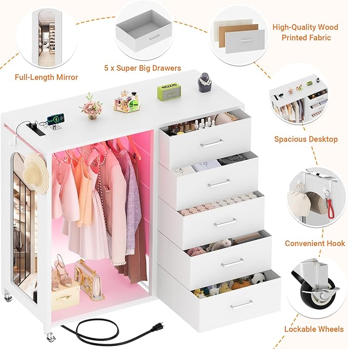Cyclysio Dresser for Bedroom with Clothes Rack & Mirror, 5 Fabric Drawers Dresser with Charging Station & LED Lights, Rolling Chest of Drawers with Wheels, Full Length Mirror, Wooden Top, Closet