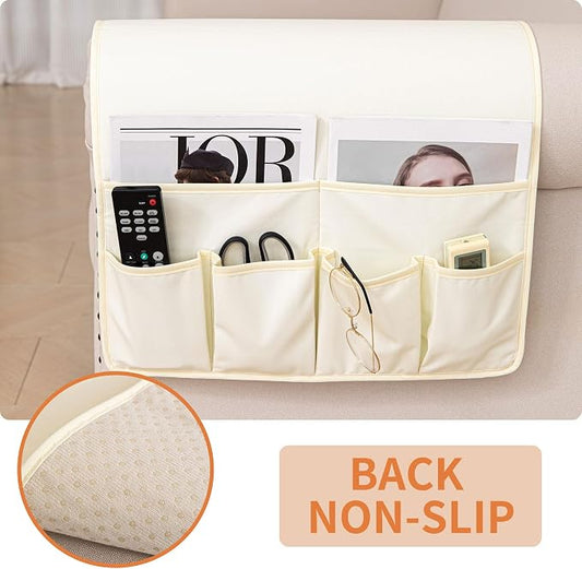 HAOMAIJIA Anti Slip Sofa Armrest Organizer Arm Chair Bedside Caddy Storage Organizer For Recliner Couch With 6 Pockets For Cell Phone Tv Remote Control (Ivory White, 31.89 inches × 18.5 inches)