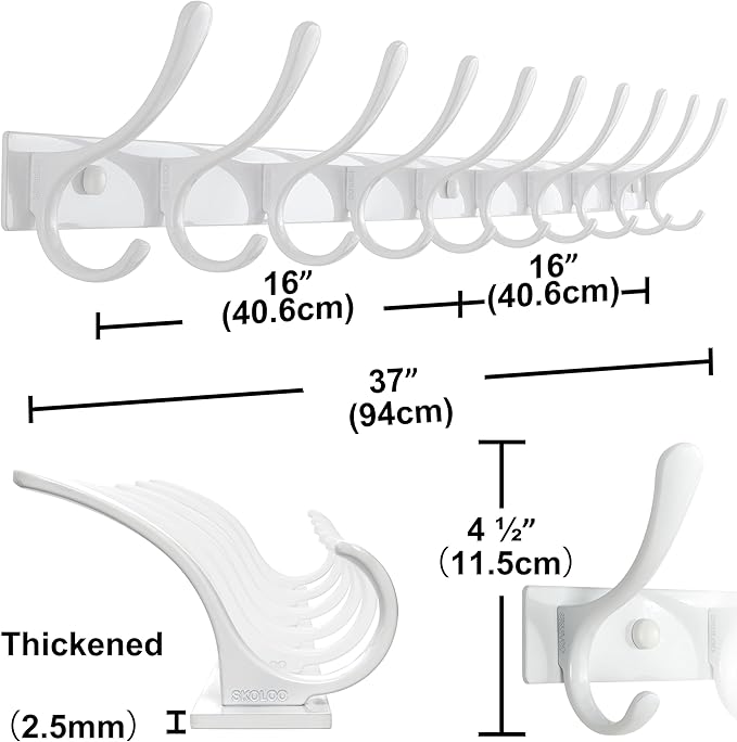 SKOLOO Wall Mounted Coat Rack - 10 Hooks, Heavy Duty, Stainless Steel, Metal Wall Hangers, Sturdy Coat Hooks for Hanging Coats, Jacket, Clothes, Hat, White