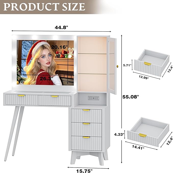 Fluted Vanity Desk with Mirror and Lights, 45" Glass Top Makeup Table Set with 5 Drawers, Power Outlet & Storage Cabinet, Large Dressing Table with RGB Ambient Light for Bedroom Women Girls, White
