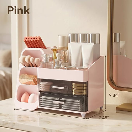 Brothersbox Makeup Organizer with Brush Holder for Vanity, Large Countertop Skincare Storage with 2 Drawers, Holds Lipsticks, Nail Polishes, Perfumes, Brushes - Gift for Women, Pink