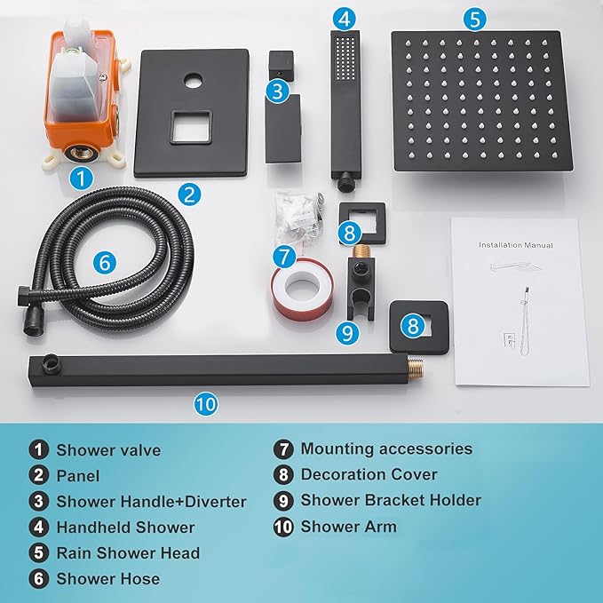 Matte Black Shower Head and Handle Set 8 Inch, Rain Shower Head with 2 Hooks, Luxury Rain Shower Set Square Wall Mount for Bathroom with Rain Shower and Handheld Shower System