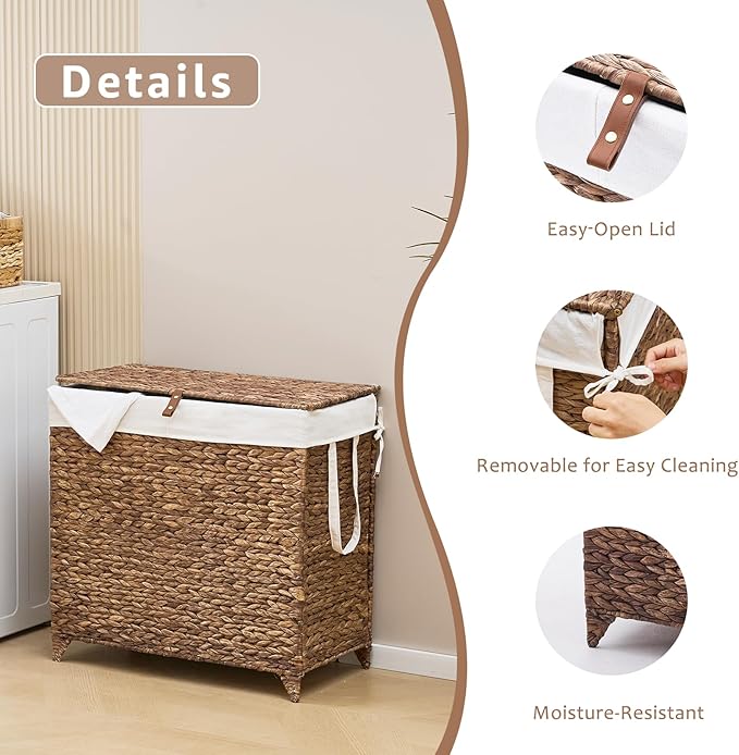 Laundry Hamper with Lid and Removable Liner Bag, Handwoven Natural Hyacinth Clothes Hamper with Heightened Feet, Wicker Laundry Basket for Clothes and Towels,Large, 2-sections