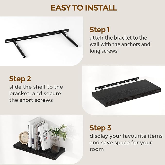 Fun Memories 32" W x 9.3" D Floating Shelves in Black, Rustic Wood Deep Shelves for Bedroom, Kitchen, Living Room, Long Floating Shelf for Wall, Storage Display Wall Shelf for Books Decor