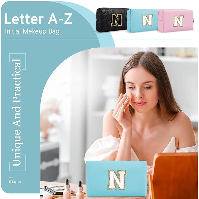 Small Personalized Initial A-Z Preppy Patch Makeup Bag,PU Chenille Letter Travel Cosmetic Pouch with Zipper,Blue Cute Toiletry Bag,Gift Ideal for Teen Girls Women Teacher Bridesmaid,Letter N