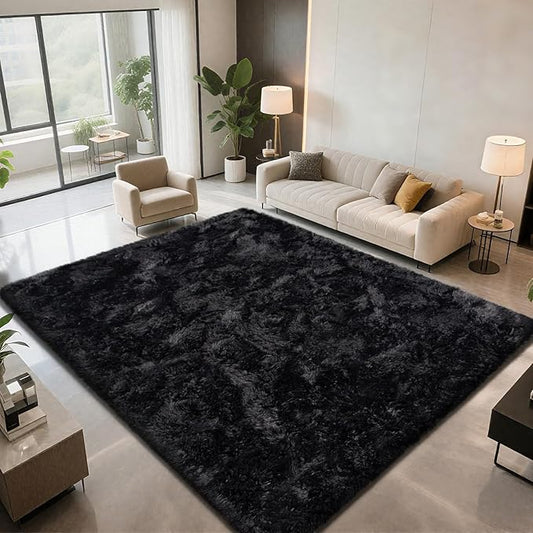 Shag Area Rugs for Bedroom Living Room,8X10 Ultra Soft Fluffy Area Rugs for Dorm,Indoor Carpet Plush Rugs for Home Decor, Black