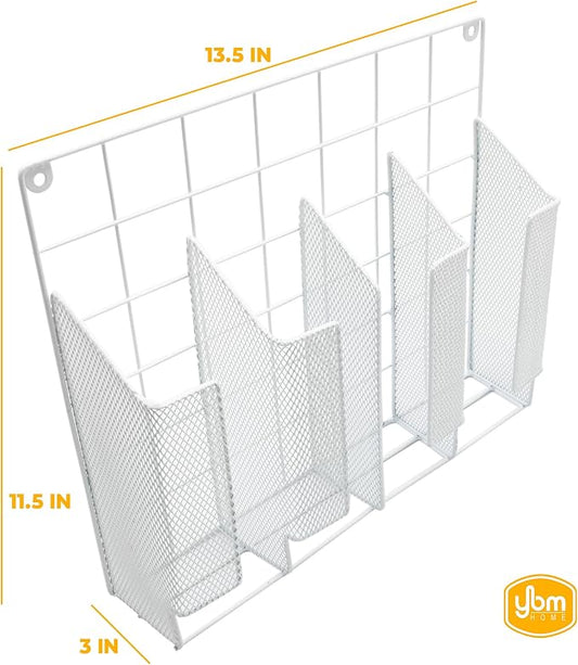 YBM HOME 4-Compartment Wall Mount Kitchen Storage Organizer Holder Basket Pantry Caddy Wrap Rack for Aluminum Foil, Sandwich Bags - White 2232
