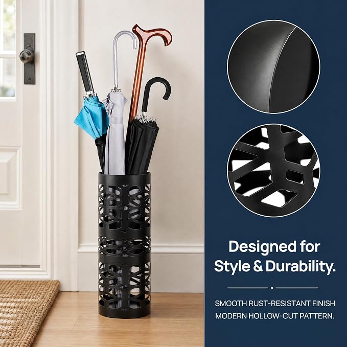 ZENFUN Umbrella Stand, Black Metal Umbrella Holder Freestanding, Cane Walk Stick Holder, Round Umbrella Rack for Entryway, Home, Office, 5.9 x 5.9 x 15.7 Inches