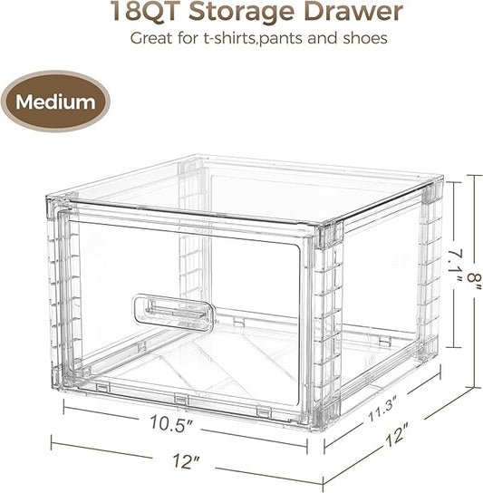 Vtopmart 4 Pack 18QT Clear Stackable Storage Drawers,Easily Assemble Closet Organizers,Plastic Storage Bins for Bathroom,Cabinet,Kitchen Pantry,Under Sink Organization(Medium)