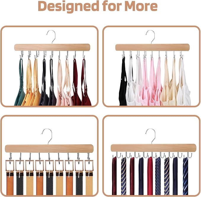 NECAMOCU 2 Pack Bra Hanger for Closet Organizer, Premium Wooden Tank Top Hangers with 36 Foldable Hooks, 360° Rotating Design, Space Saving Storage for Tank Tops, Bras, Scarves and More