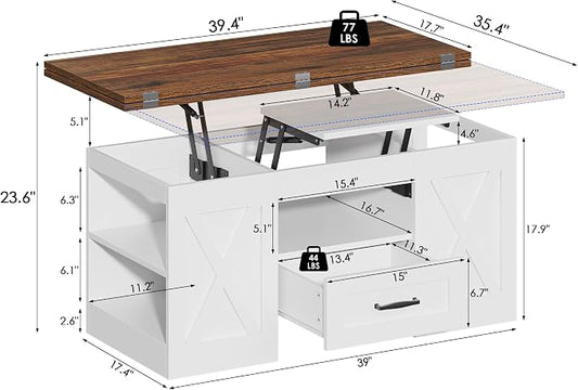 kepptory 39.4'' Lift Top Coffee Table with Storage, 4 in 1 Multi-Function Convertible Coffee Tables for Living Room, Farmhouse Coffee Table with Open Storage Compartment & Drawers (Brown&White)
