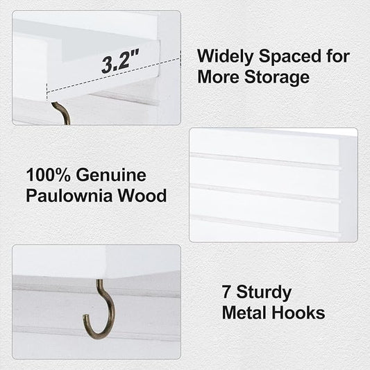 Decorative Key Holder for Wall with Shelf, Entryway Shelf with Hooks Holds Leashes, Jackets and Glasses – Sturdy Wood Keyholder Entrance Hanger with Mounting Hardware (White, Large)