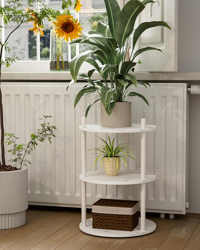 XBurmo Small Round End Table - 3 Tier Design Accent Table, Narrow Side or Bedside Stand, Industrial Vintage Nightstand for Bedroom, Living Room, or Small Spaces, Set of 2, Marble White