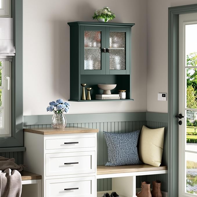 Medicine Cabinet Wall Mounted, Bathroom Storage Wall Cabinet with Tempered Glass Door Over Toilet Storage Cabinet Wall Mounted Organizer Above Toilet Storage Cabinet (Forest Green)