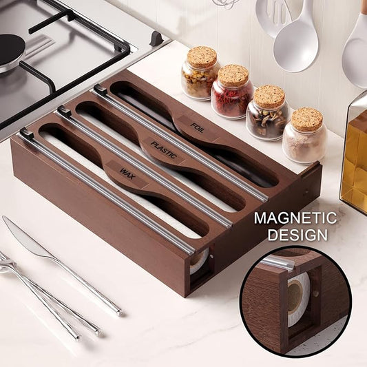 Wrap Dispenser with Cutter and Labels, Plastic Wrap Organizer For Kitchen,Bamboo 3-in-1 Wrap Dispensers for Cling Wrap Aluminum Foil and Wax,Storage Organization Holder(Brown)