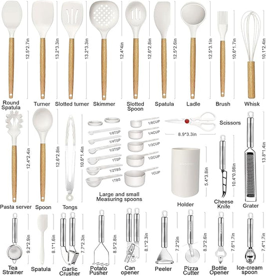 Cooking Utensils Set- 35 PCs Kitchen Utensils with Grater,Tongs, Spoon Spatula &Turner Made of Heat Resistant Food Grade Silicone and Wooden Handles Kitchen Gadgets Tools Set for Cookware