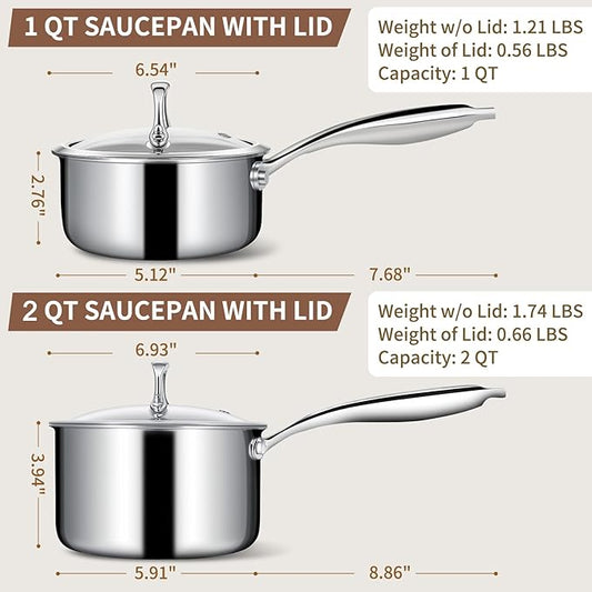 EWFEN 3 Ply Stainless Steel Sauce Pan Set with Lids, 1 & 2 Quart Multipurpose Cooking Pot, Stay-Cool Handle, Induction Oven Dishwasher Safe, 1QT & 2QT