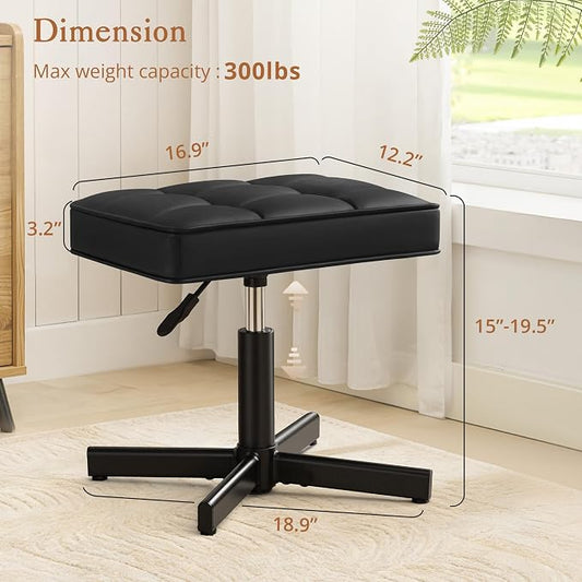 LUE BONA Adjustable Vanity Stool, Foot Rest Under Desk, 360° Swivel Vanity Chair for Makeup Room, Black Upholstered Faux Leather Ottoman for Bathroom & Living Room, 300lbs