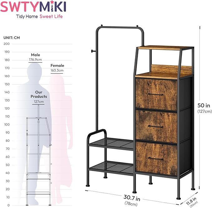 SWTYMIKI Dresser with Hanging Rack - 3 Fabric Drawers Kids Dresser for Bedroom - Reversible Tall Storage Tower, Small Space Clothes Storage Organizer Cabinet for Apartment, Dorm 49.21''H, Espresso