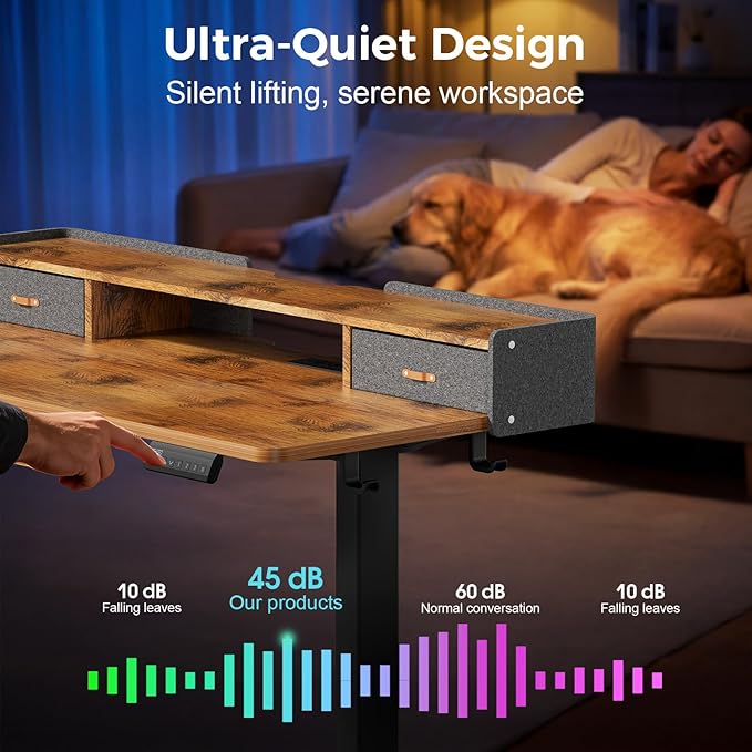 Electric Standing Desk with Drawers, 63 Inch Height Adjustable Desk with Power Outlets & LED Lights, Sit Stand Table with Monitor Stand for Home, Office, Rustic Brown