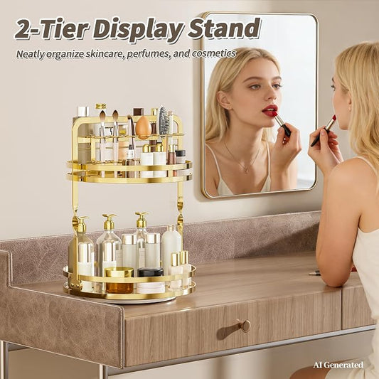 360° Rotating Makeup Organizer, 2-Tier Gold Perfume Organizer for Dresser, Bathroom Organizers Countertop, Perfume Shelf with Makeup Brush Holder, Skincare Holder Cosmetic Display(Gold)