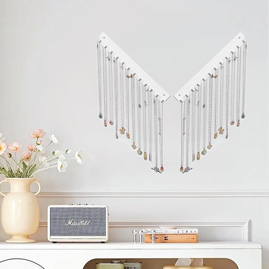 Acrylic Necklace Holder 2 Pack Wall Mounted Necklace Organizer Hanging Jewelry Organizer with 12 Hooks for Necklaces, Bracelets, Rings and Bangles Display(White)