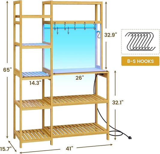 FORABAMB Bakers Rack with Power Outlet, Coffee Bar, 10-Tier Kitchen Shelves with 8 Hooks, Microwave Stand Kitchen Rack Freestanding Utility Storage Shelf, 15.7 x 41 x 65 Inches, Bamboo