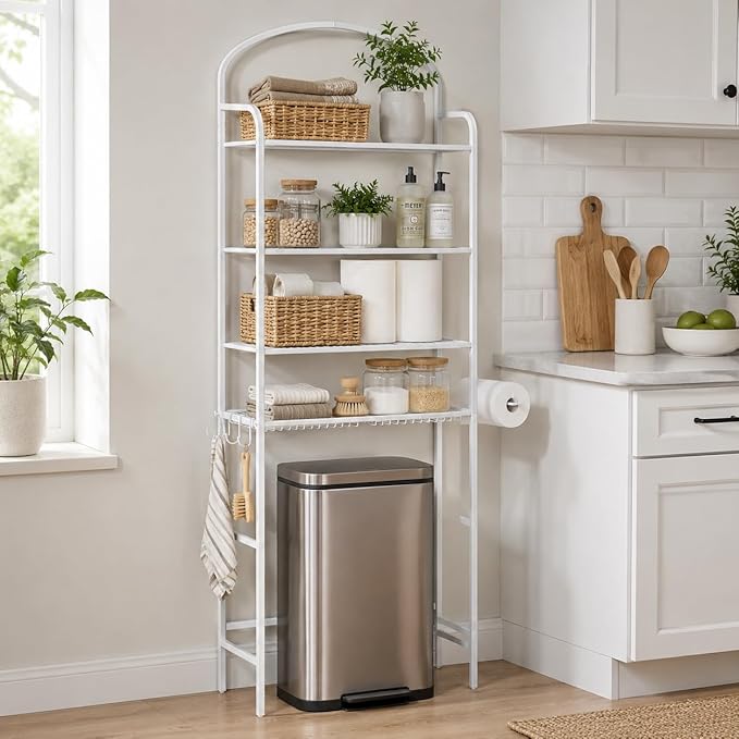 4-Tier Over The Toilet Storage, Bathroom Organizer, Space-Saving, 72" H Above Toilet Storage Rack with 4 Hooks and Paper Holder, Metal Shelf, White