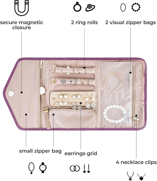 BAGSMART Travel Jewelry Organizer Roll Foldable Jewelry Case for Journey-Rings, Necklaces, Bracelets, Earrings,Purple
