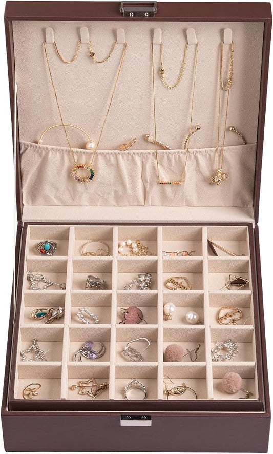 Frebeauty Earring Organizer Classic Jewelry Box 50 Slots Double Layer Jewelry Storage Case with 6 Necklace Hook and Bracelet Pocket(Dark Brown)