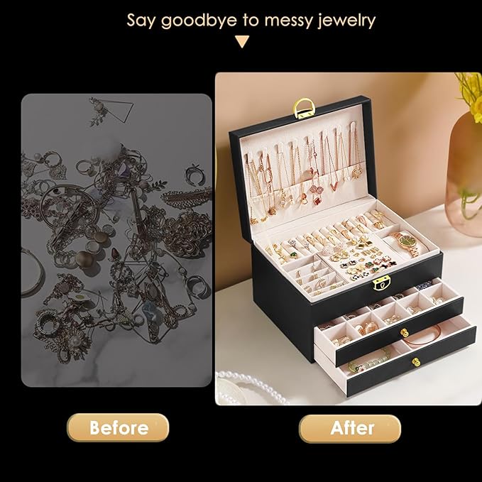 GUOER Jewelry Box for Women Girl Wife 3 Layers Large PU Leather Jewelry Organizer Storage Case with Two drawers Display for Earrings Bracelets Rings Watches (Champagne)